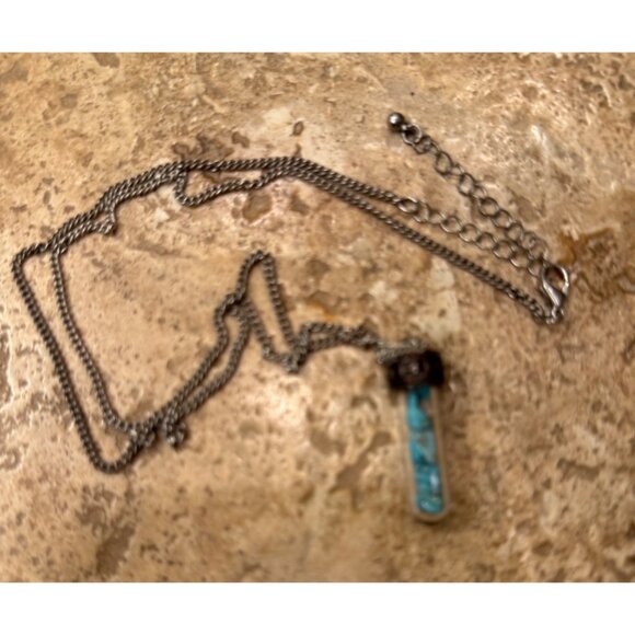 Miniature Glass Vial Necklace With Blue Turquoise Stones On Silver Chain - Picture 3 of 5